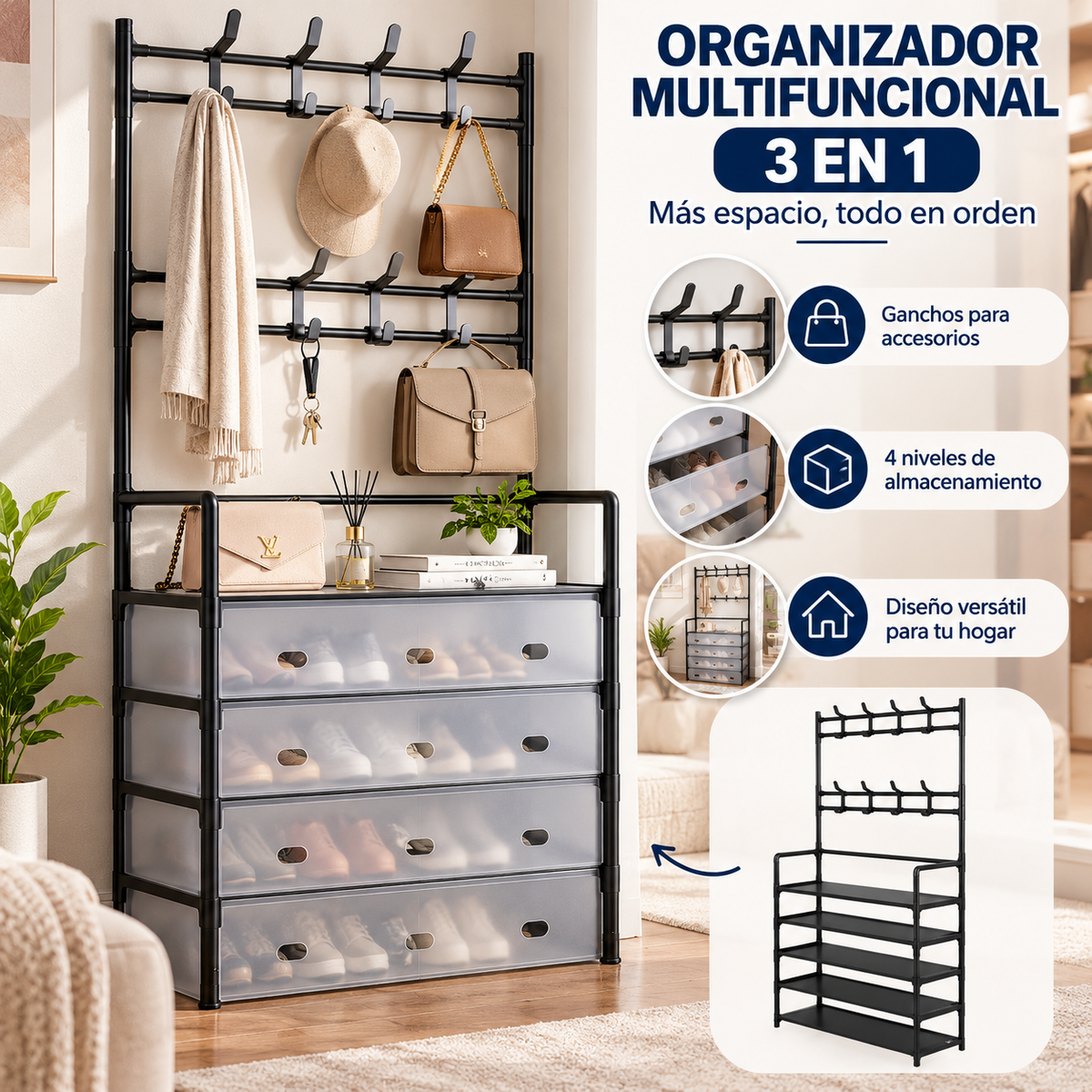 Organizador de zapatos con perchero 5 niveles multifuncional 3 en 1