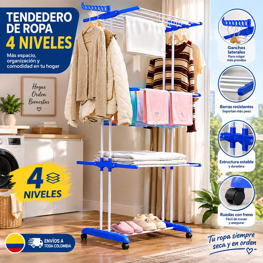 Tendedero Vertical Plegable de 4 Niveles con Ruedas – Ahorra Espacio